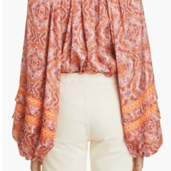 Ramy Brook Dailey Paisley Balloon-Sleeve Blouse Zinnia Orange S NWT - Picture 6 of 7